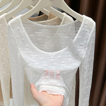 Lace bottoming shirt women's jacquard long sleeve see-through top
