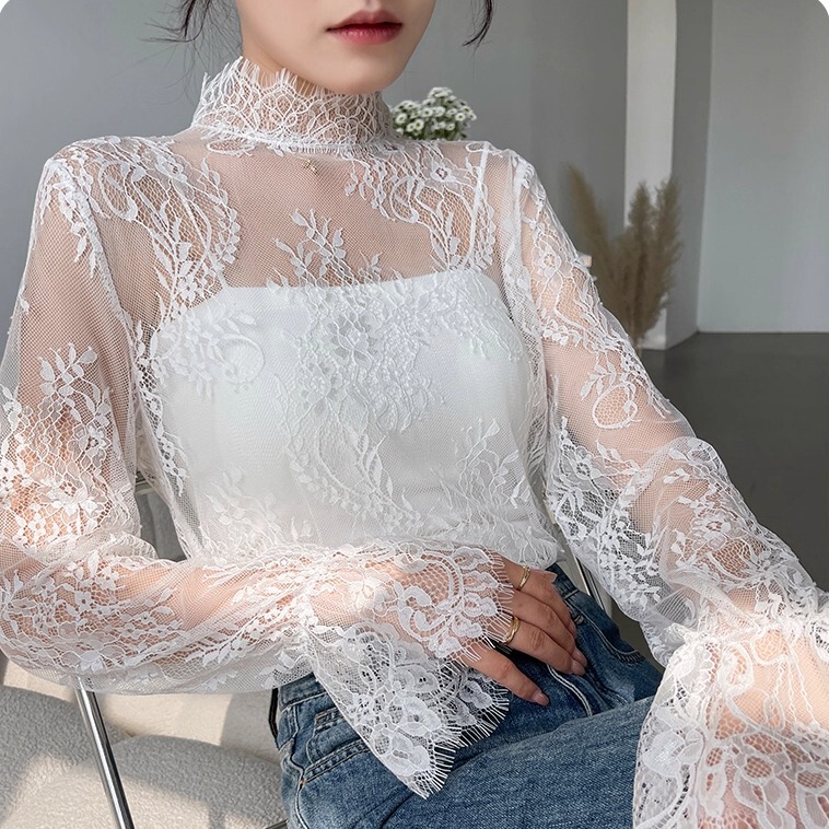 Transparent Stand-Up Collar Lace Base Shirt for Women, Stylish Spring and Autumn Inner Wear, Sexy Sheer Blouse with Eyelash Lace, Long-Sleeved Mesh Top Transparent Stand-Up Collar Lace Base Shirt for Women, Stylish Spring and Autumn Inner Wear, Sexy Sheer Blouse with Eyelash Lace, Long-Sleeved Mesh Top