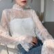ເສື້ອຢືດ lace bottoming ໂປ່ງໃສສໍາລັບແມ່ຍິງເຄິ່ງຫນຶ່ງ turtleneck gauze eyelash
