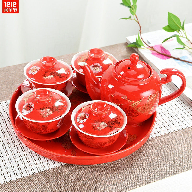 Festival products Disc red teacup teacup wedding cup kung fu tea cover bowl porcelain teapot for the cup full set