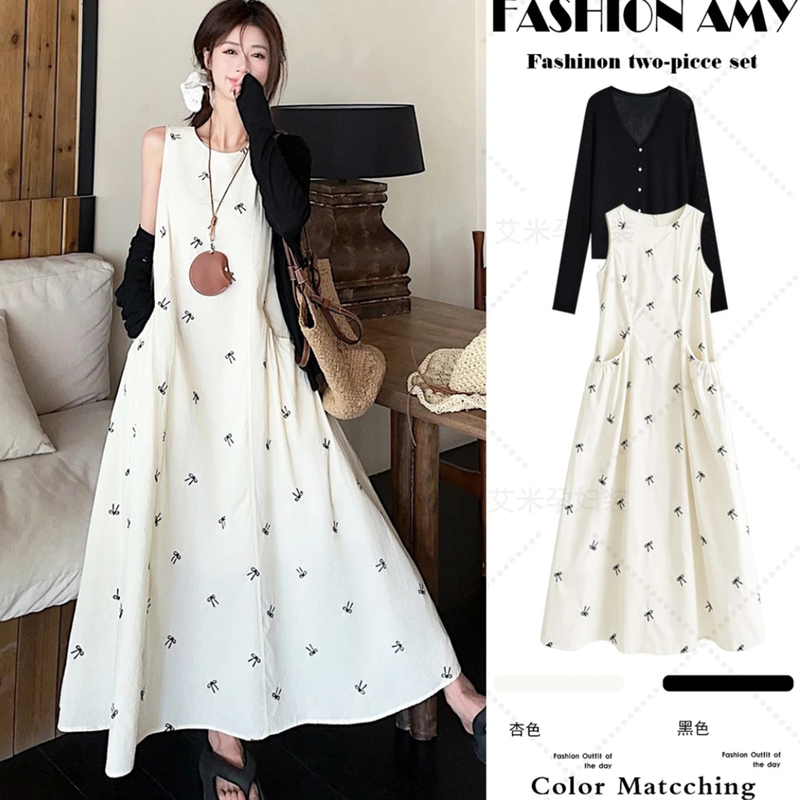 Pregnant Women's Loose Belly-Covering Vest Dress, Lazy Style Bow Embroidered Dress, Summer Slimming Sun Protection Cardigan Two-Piece Set Pregnant Women's Loose Belly-Covering Vest Dress, Lazy Style Bow Embroidered Dress, Summer Slimming Sun Protection Cardigan Two-Piece Set