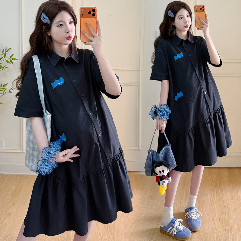 Maternity Loose Shirt Dress 2026 Summer Maternity Wear Slimming Shirt Collar Printed Dress Can Be Used as a Nursing Dress
