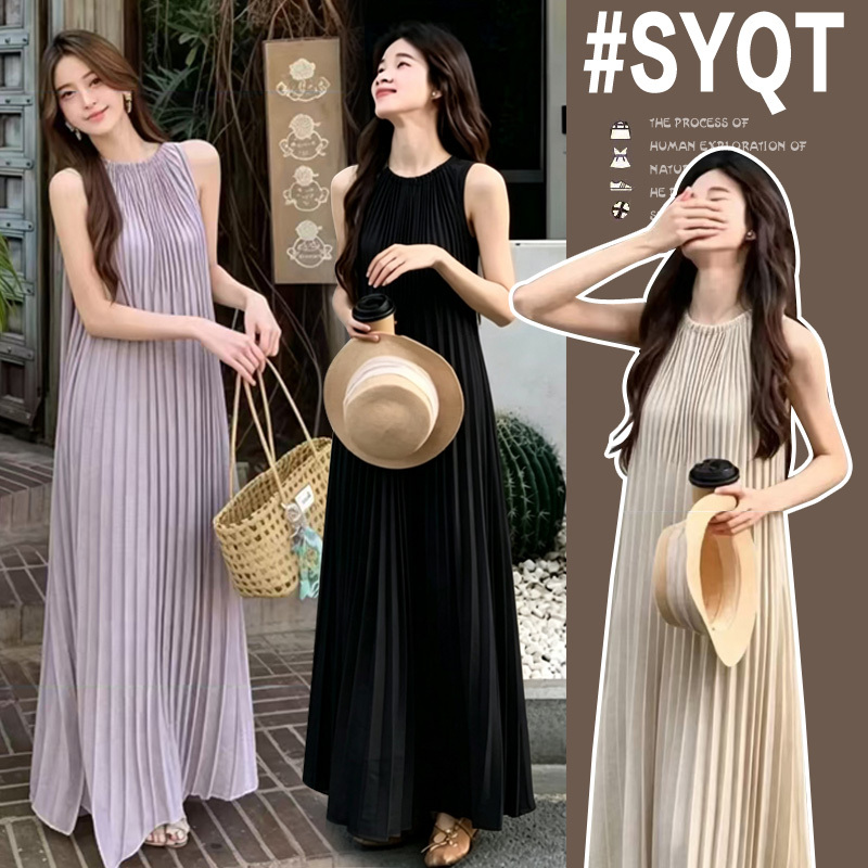 Maternity Wear Summer New Style French Slimming Pleated Holiday Style Dress Over-The-Knee Long Skirt with Drapey Elegant Tank Top Dress