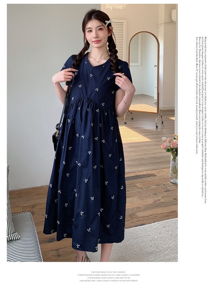 孕妇装夏季宽松减龄刺绣连衣裙2026新款小个子高腰显瘦中长款裙子 — 12