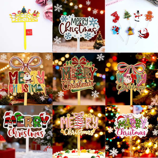 Color-Printed Merry Christmas Cake Toppers, Christmas Tree Acrylic Baking Decoration Inserts, Christmas Party Supplies