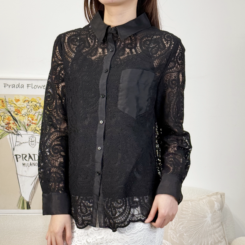 Vintage Black Lace Shirt with Turn-Down Collar, Long Sleeves, Pocket Design, Hollow-Out See-Through Features, Loose Fit, and Lace Hem