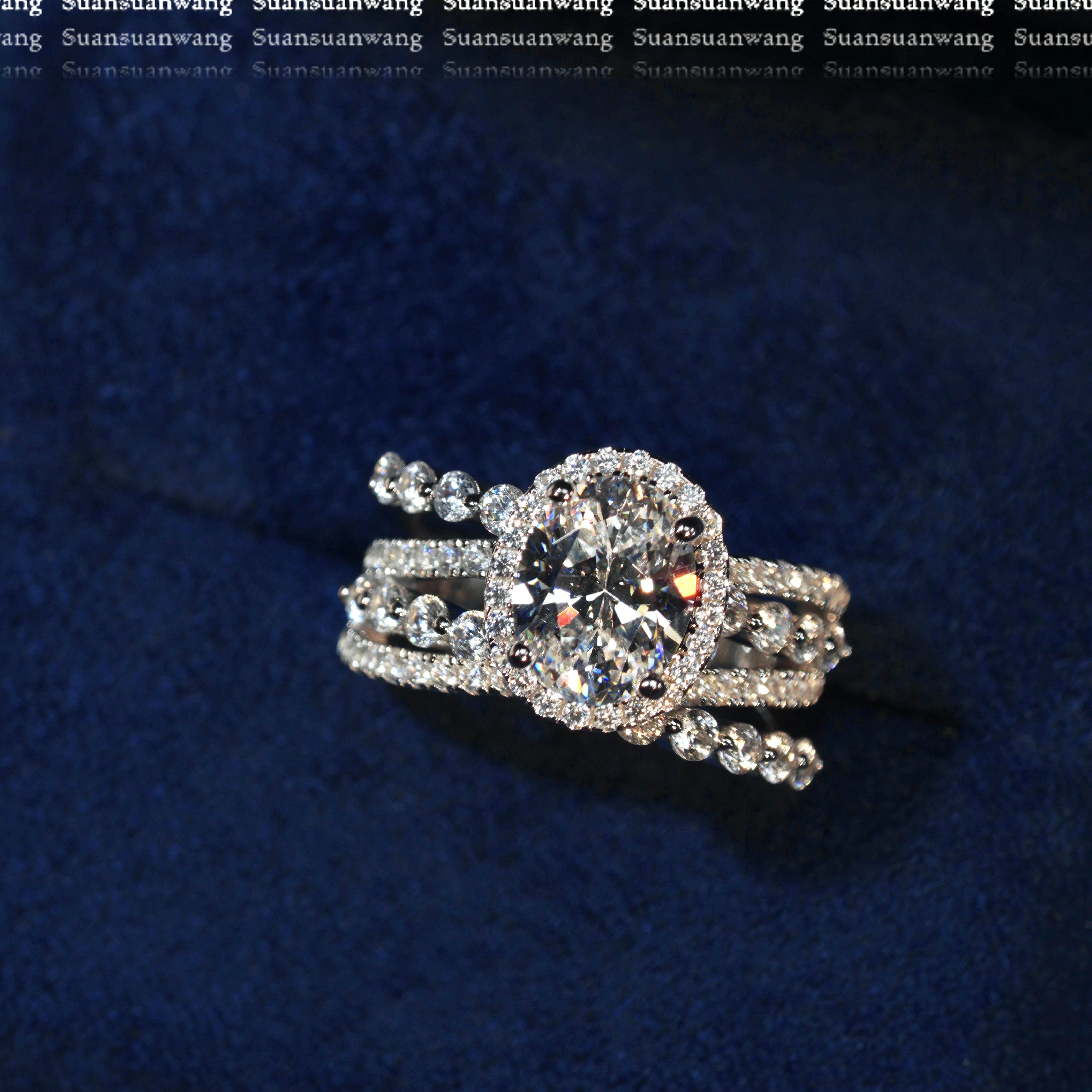 Wrapped in the Galaxy | Exclusively customized D-color simulated diamond dove egg ring set with staggered arm wide silver ring plated with 18k gold