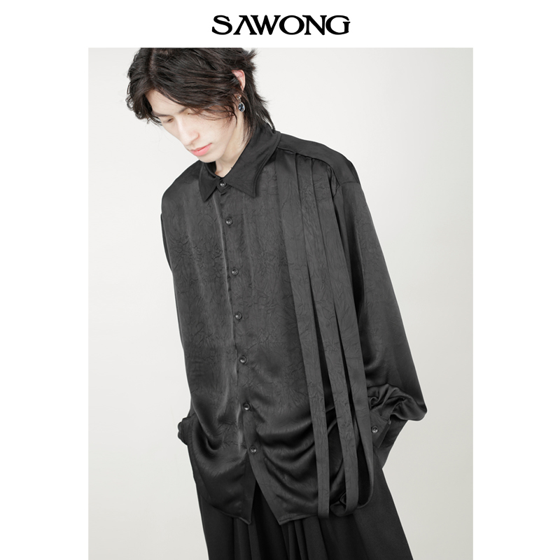 Sawong Original Design Japanese Dark Niche Ribbon Glossy Minimalist Loose Casual Shirt for Men and Women