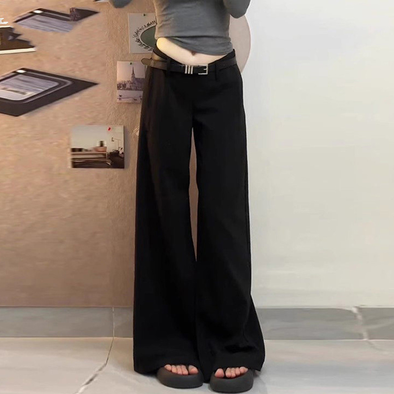 Black Low-Waisted Suit Pants for Women, Spring/Summer 2026 New Style, Loose and Casual Wide-Leg Pants, Petite Drapey Floor-Length Pants