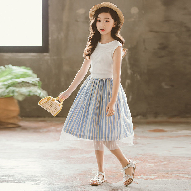 2021 summer new girls' skirts children's mesh striped princess lace skirt temperament parent-child skirt