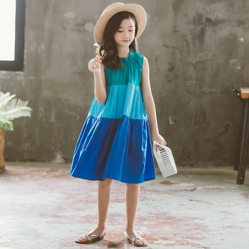 2020 Summer Children's Clothing Girls' Sleeveless Dresses Children's Middle and Big Children's Contrast Color Parent-child Holiday Skirts Mother and Daughter Beach Skirts