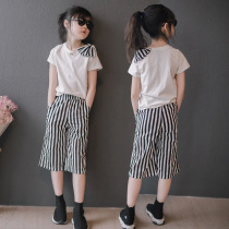 Girls summer loaded broadlegged pants suit 2021 new female dress CUHK Tong Yang qi short sleeve T-shirt loose with seven pants