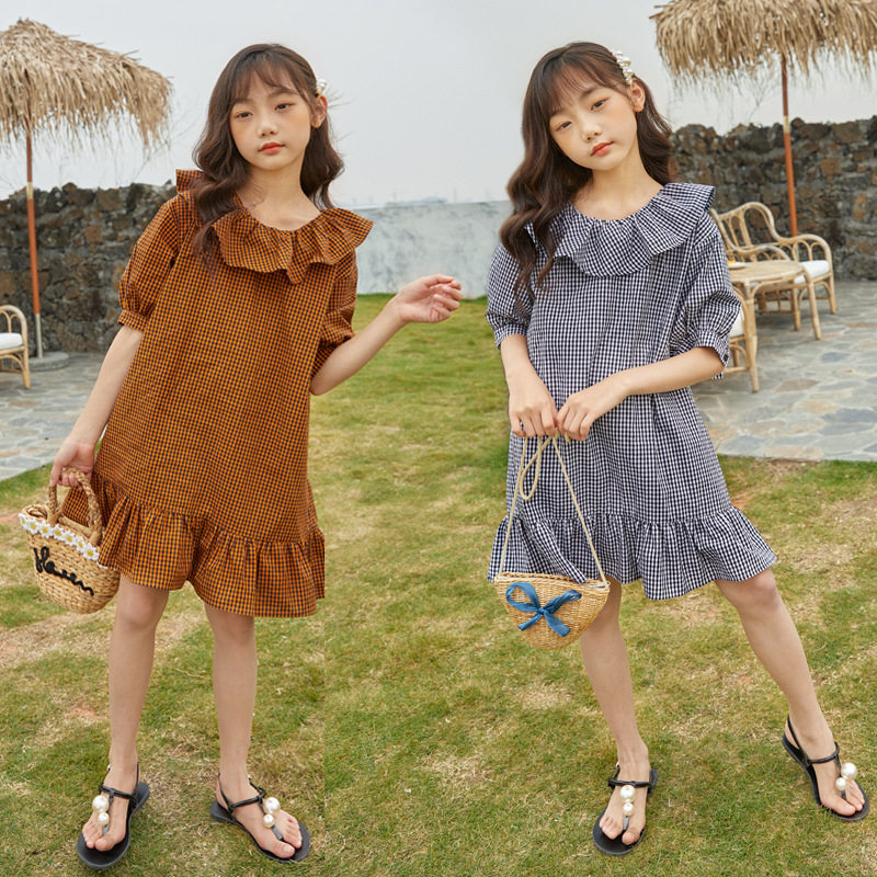 Girl Loose Lotus Leaf Side Plaid dress 2020 Summer dress new girl CUHK Scout Cotton Doll Skirt