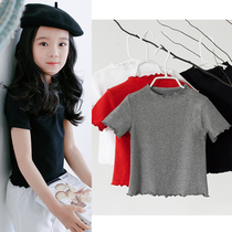 2021 Girls Summer Short Sleeve Waves Cotton T-shirt Large Children Simple Pure Color Joker base shirt Top