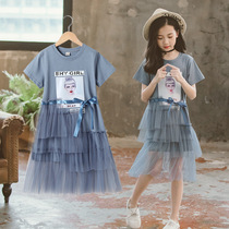 Childrens clothing girls cotton stitching princess skirt 2020 summer dress new middle child dress Super foreign air Net red dress