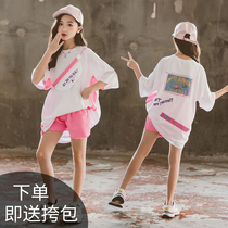 Girls set in big children loose foreign style short sleeve T-shirt shorts fashionable two-piece set 2021 summer clothes new parent-child