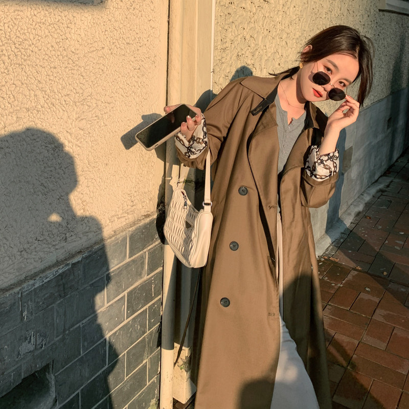 2020秋新款双排扣系带中长款风衣女