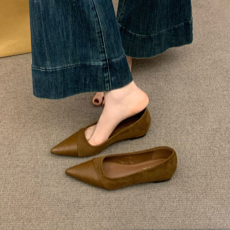 Sheepskin Version~Inner Height-Increasing French-Style Pointed-Toe Brown Suede Patchwork Single Shoes for Women, Spring and Autumn Retro Black Commuter Shoes