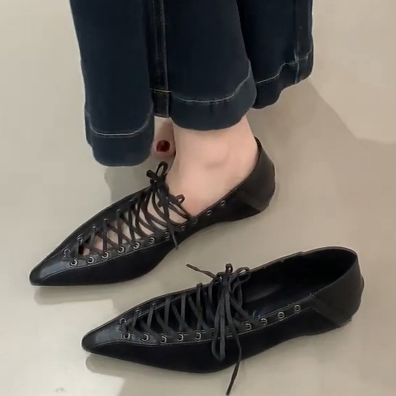 Sheepskin Version! Ballet-Style Pointed-Toe Hidden Heel Shoes for Women, 2026 New Model, Black Cross-Strap Leather Shoes for Commuting