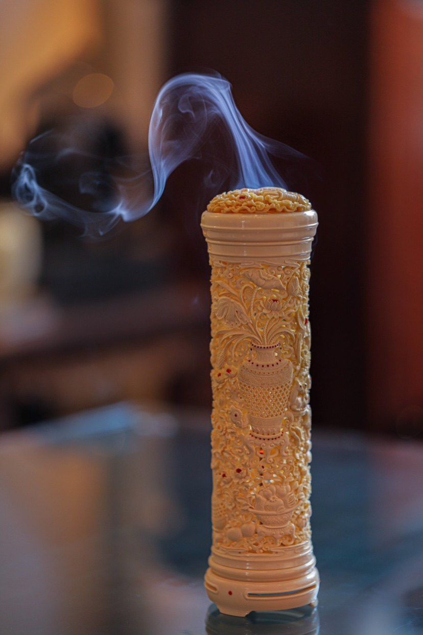 象牙調　香炉 5A猛犸象牙镂空雕刻博古清供图香薰炉室内线香炉家用香插佛堂香座