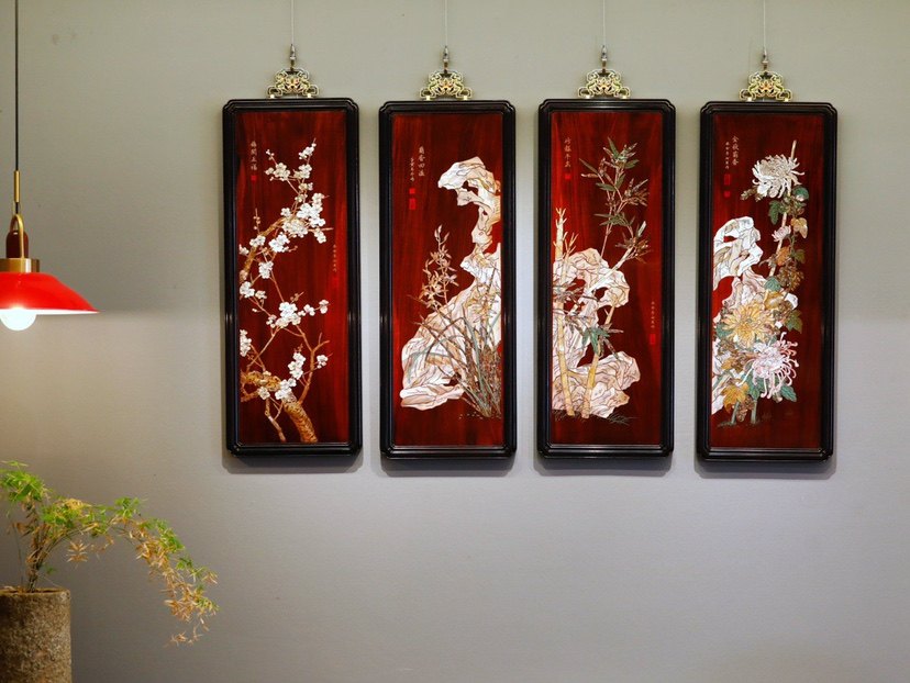 🎨大红酸枝框的梅兰竹菊四条屏，玄关装饰画的不二之选！-挂屏-淘宝好物网