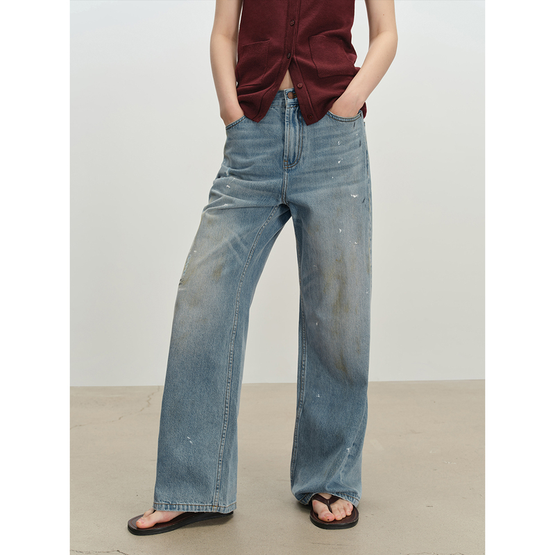 Msbeast American-Style Wasteland Dirty-Dyed Distressed "Graffiti Denim" All-Cotton Mid-Low Waist Cocoon-Shaped Wide-Leg Jeans