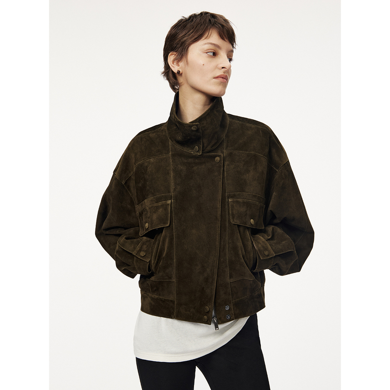 Msbeast Retro Two-Way Collar Imported Suede Goat Leather Sheepskin Short Leather Jacket for Women | Travel Leather Jacket