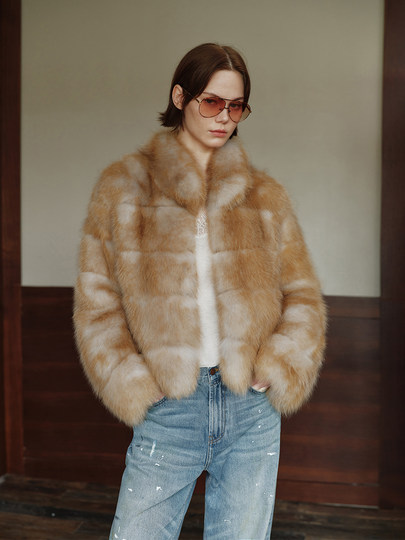 MSBEAST luxury smudged Finnish SAGA fox fur horizontal striped leather short fur coat winter丨Misty Pine Shadow