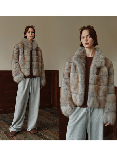 MSBEAST luxury smudged Finnish SAGA fox fur horizontal striped leather short fur coat winter丨Misty Pine Shadow