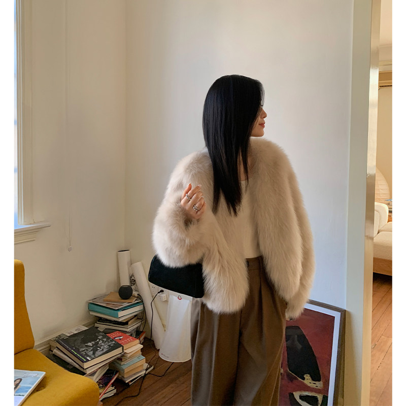 MSBEAST Weinstein Consos Finland imports young fox fur belly fur straw jacket female expats slim V collar short-Taobao