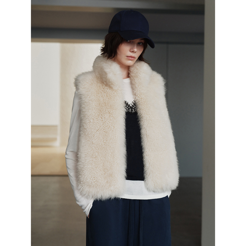 Msbeast Soft Gold Goat Fur Integrated Warm Stand Collar Fur Vest/Coat Short | Loose Fur Heater