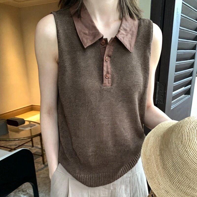 Old Money Style High-Intelligence Coffee-Colored Polo Collar Patchwork Knit Vest for Women, Summer Sleeveless Outerwear Slim Fit Top