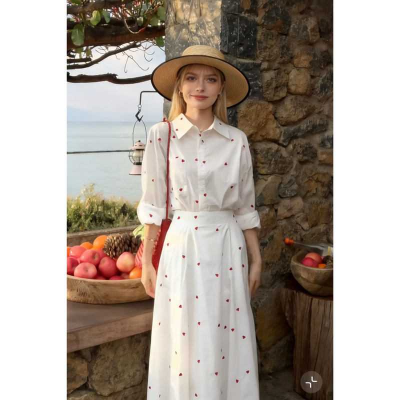 Correct Version, No Errors【Love Heart Milk Cake】Love Heart Embroidered Shirt + Umbrella Skirt Set