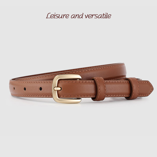 Elegant and Noble Brown Simple Korean Style Women's Belt, Genuine Leather Versatile First Layer Cowhide Thin Belt for Jeans