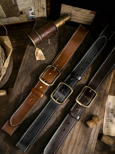 Celvimklim Men's Leather Belt Genuine Leather First-Layer Cowhide American-Style Vintage Belt Men's Jeans Belt with Copper Buckle