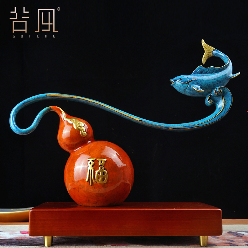 Copper gourd ornaments Fulu Yuyu living room porch wine cabinet decorations new Chinese-style high-end housewarming gifts
