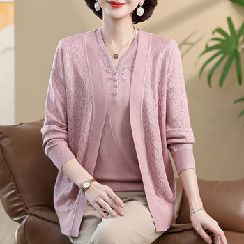 ອາຍຸກາງແລະຜູ້ສູງອາຍຸແມ່ spring ice silk knitted jacket women plus size plus noble thin top two-piece cardigan set