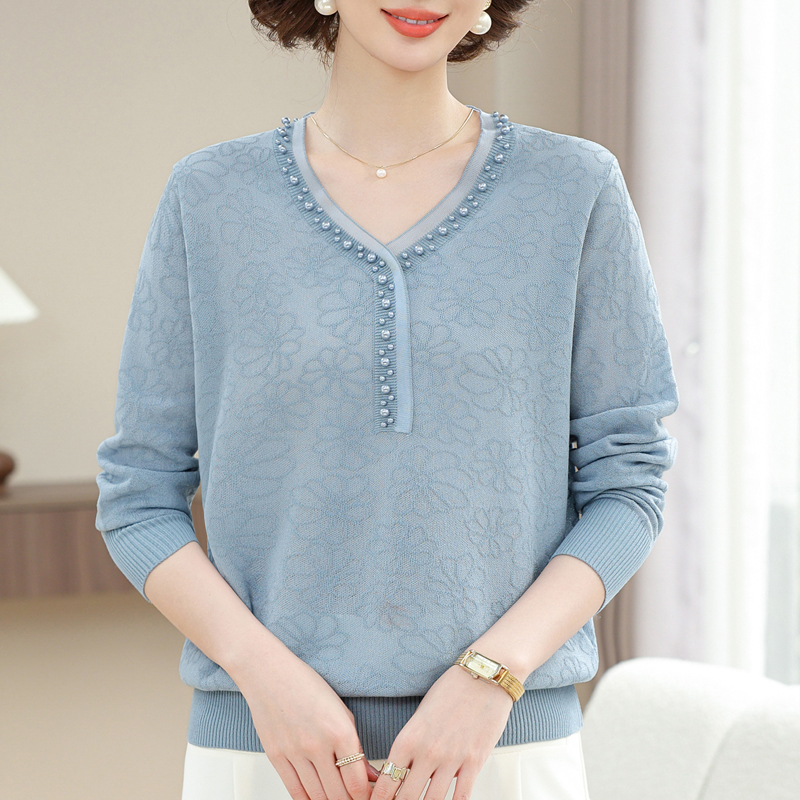 Trendy Mother's Spring and Autumn Thin Knit Sweater for Women, Loose-Fitting Mulberry Silk Top, Extra Large Size, Middle-Aged and Elderly Beaded Base Shirt