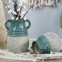 Wind reciting Nia retro vase] American double ear ice cracks dry flower ceramic vase-like room home soft-fit