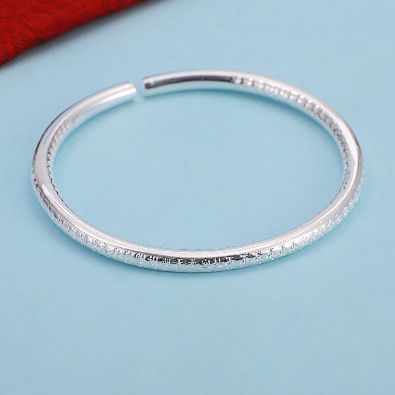 999 sterling silver round heart sutra bracelet female opening six-character mantra solid round stick bracelet scripture bracelet silver jewelry