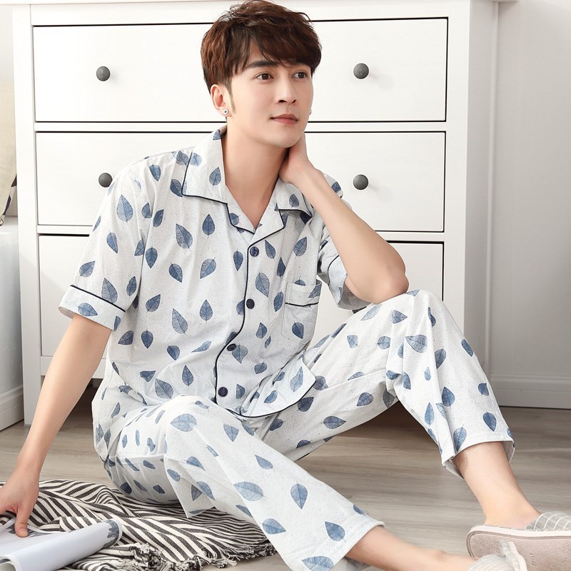 Men's pajamas spring and autumn short sleeve pants 2021 new plus fat plus size cotton men's fat suit