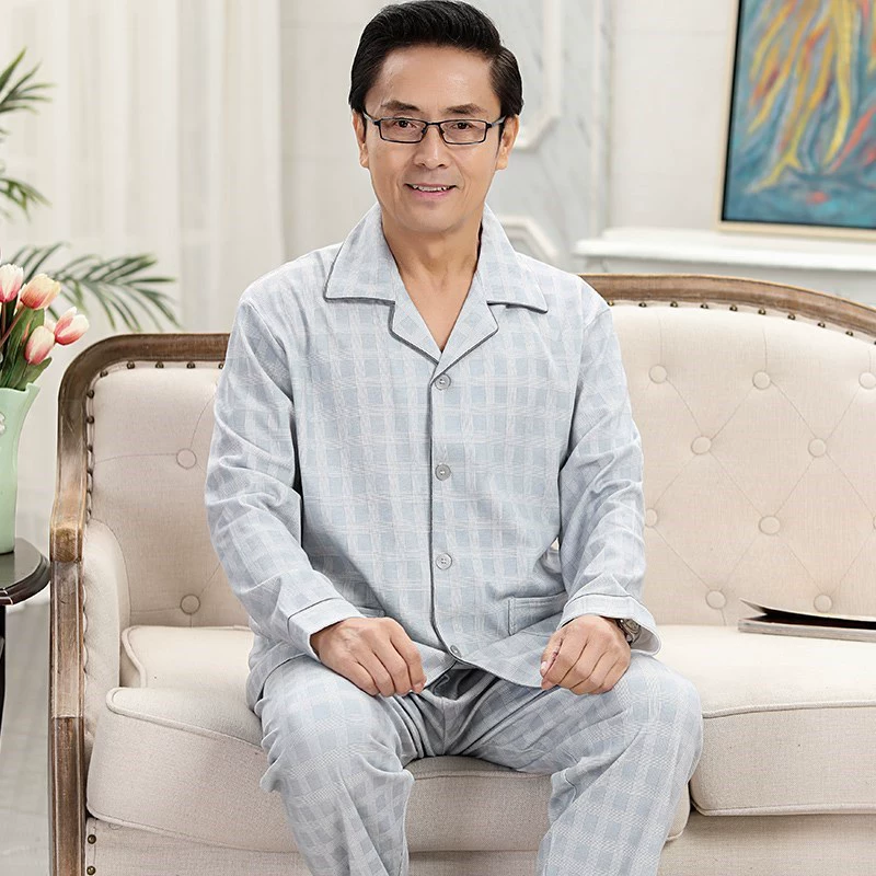 Người cha trung niên và người già bộ đồ ngủ pijama của người đàn ông mùa xuân và mùa thu bằng vải bông tinh khiết ông già cộng với người đàn ông trung niên béo cộng với kích thước - Pyjama