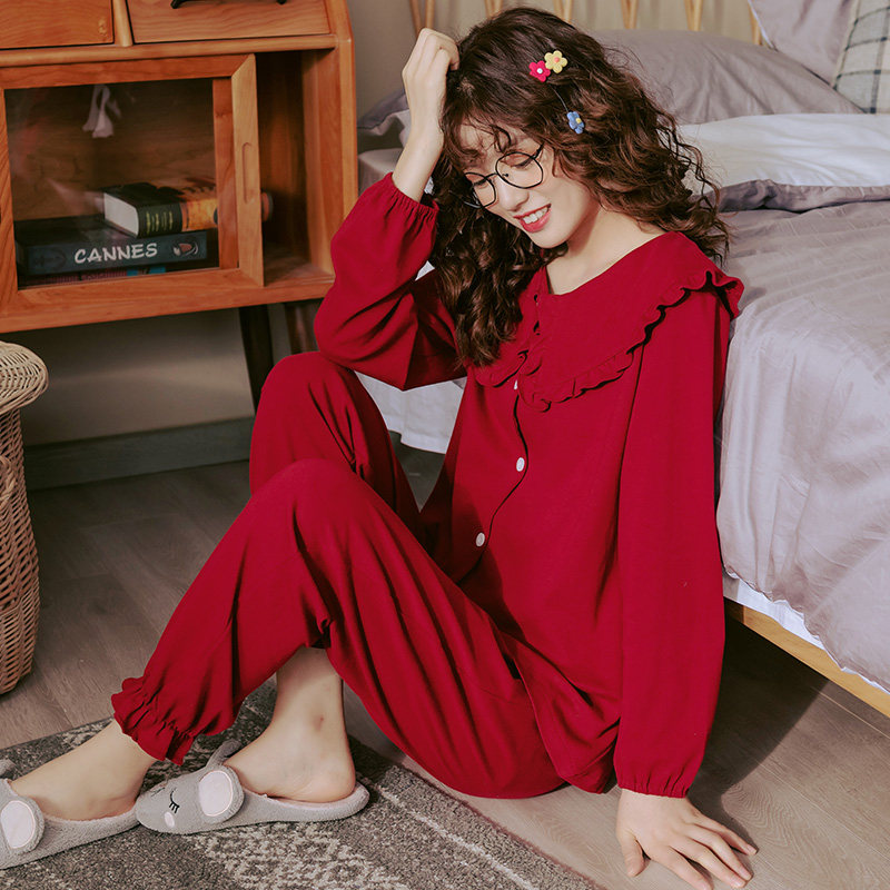 Red pajamas women's spring and autumn large size 200 jin fat mm long-sleeved cotton 2022 new women's natal year