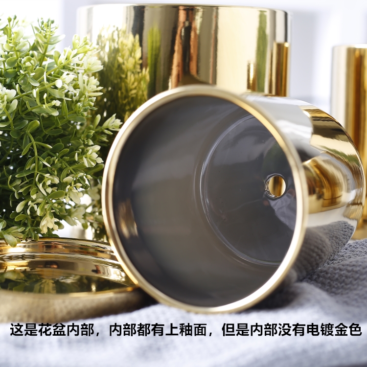 Bình gốm sứ mạ điện với khay cắm hoa tròn bình hoa Bắc Âu trang trí phòng cưới trang trí bình vàng không có lỗ chậu - Vase / Bồn hoa & Kệ giỏ treo hoa ban công