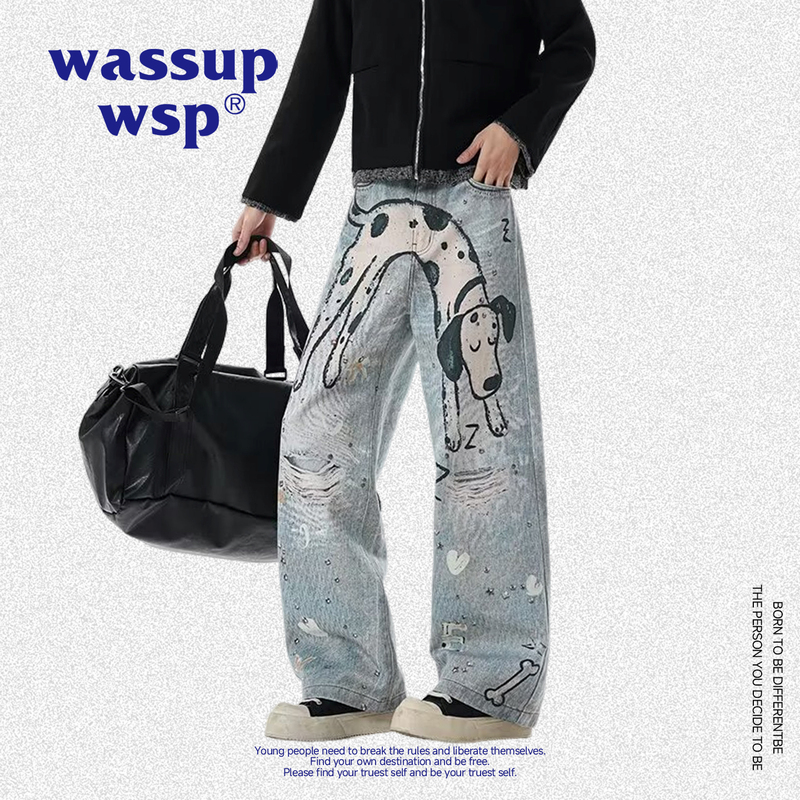 Wassup American-Style Trendy Brand Design Dog Graffiti Wide-Leg Jeans for Men, Vintage Distressed Loose Straight Pants