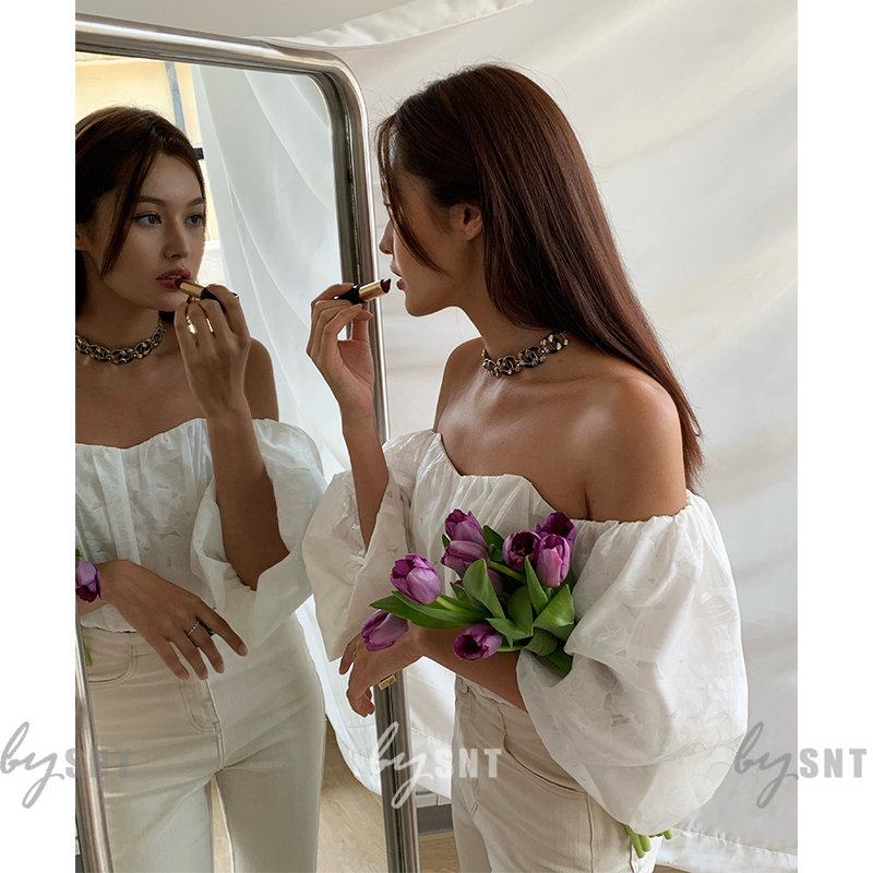 SNT Ace Jacquard lace shirt leak clavicle white pure desire wind word shoulder top short sleeve puff sleeves top woman