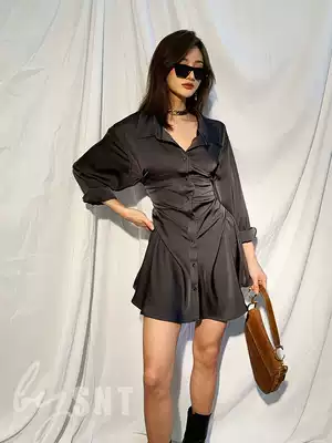 SNT Ace Heavy Industries Hepburn Wind Small Black Skirt Gray Black V-neck Waist Blouse Skirt Shirt Dress Women's Summer