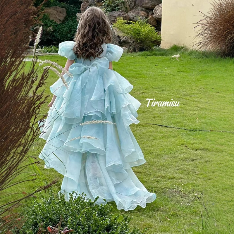 Girls' Detachable Floor-Length Dress 2025 New Puff Sleeve Princess Dress with Train Model Runway Stage Performance Costume