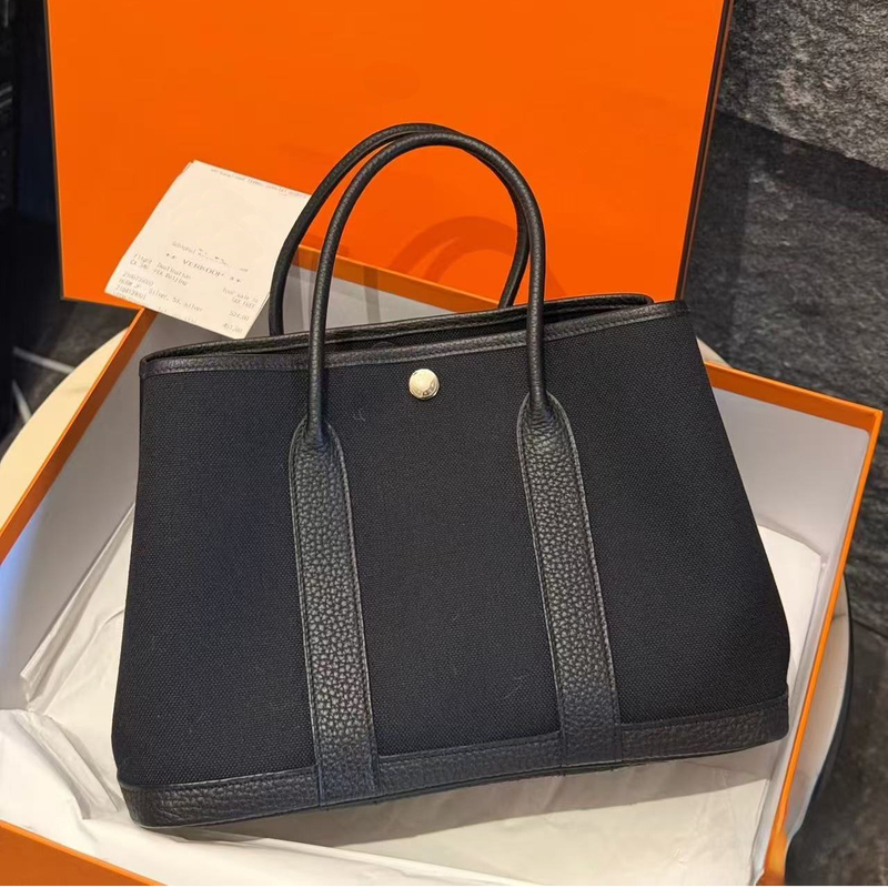 High-End Canvas with Top-Grain Leather Garden Bag, Unisex Handbag, Large Capacity Genuine Leather Color-Block Tote Bag for Commuting