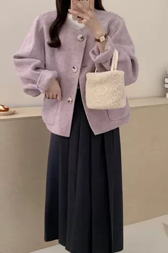 Розово-фиолетовое сиреневое двусторонное кашемировое короткое шерстяное шерстяное пальто, тренд сезона, оверсайз, подходит для подростков